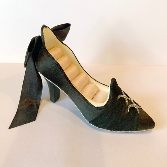 Ring Holder Black Satin & Velvet High Heel Shoe with Bow & Crystals Accents - Picture 8 of 9